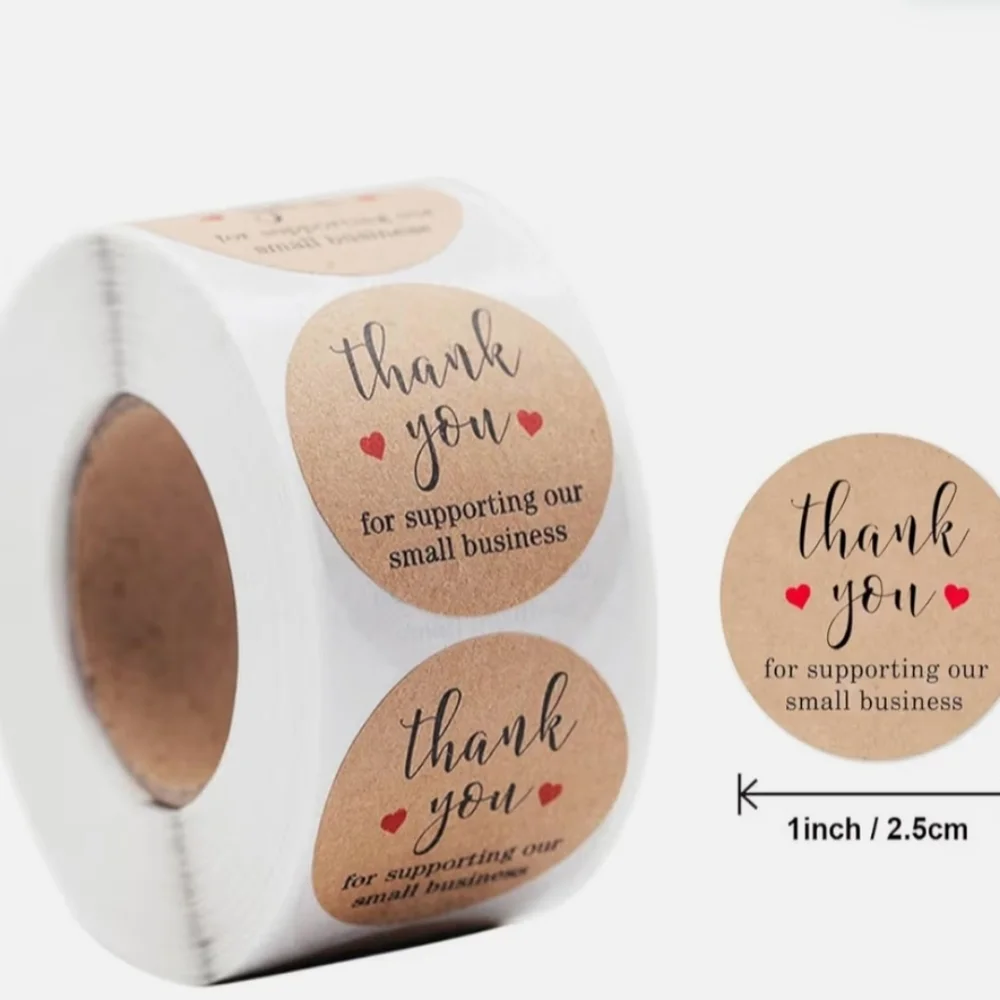 500 Roll Of Warm Tan Thank You Stickers With A Little Red Heart